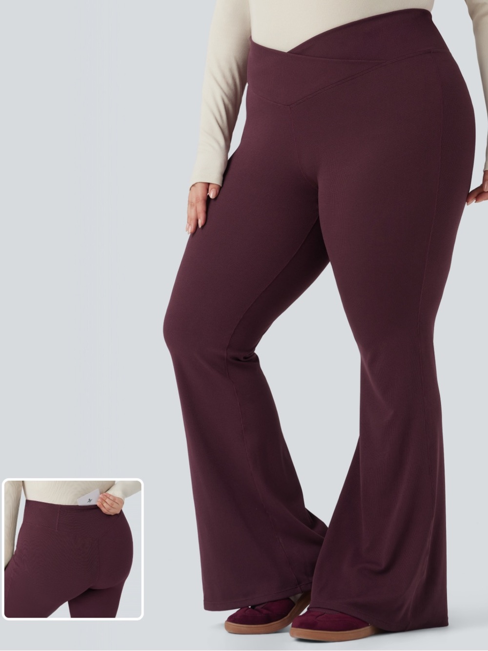 Halara Crossover High Waisted Back Pocket Waffle Yoga Flare Pants XL burgundy